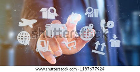 View of a Businessman holding a Logistic organisation with icon and connection 3d rendering