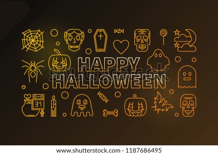 Happy Halloween vector colored horizontal banner or illustration made with funny thin line halloween icons on dark background