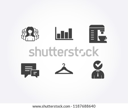 Set of Women group, Comment and Cloakroom icons. Report diagram, Coffee machine and Vacancy signs. Lady service, Talk bubbles, Hanger wardrobe. Vector
