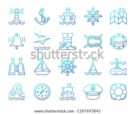 Marine thin line icons set. Outline vector web sign kit of nautical. Sea Knot linear icon collection includes anchor, window, captain hat. Modern color gradient simple marine symbol isolated on white