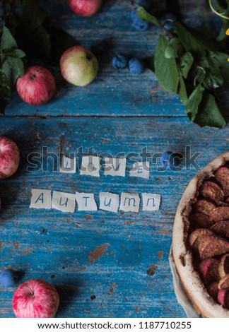 Apple pie on wooden blue rustic background. Love autumn sign picture. Apples, yellow flowers and plums.