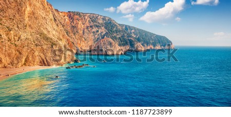 Attractive spring view of Porto Katsiki Beach. Bright morning seascape of Ionian sea. Panoramic outdoor scene of Lefkada Island, Greece, Europe. Beauty of nature concept background.