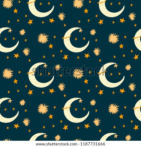 Dark Seamless pattern with cartoon new moon character & stars. Yellow color on blue background. For kids. Ideal for textile.