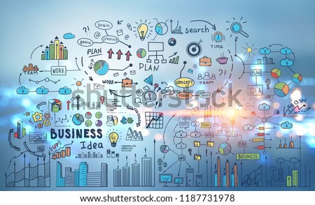 Colorful and bright business idea icons and mind map over night city background. Toned image double exposure