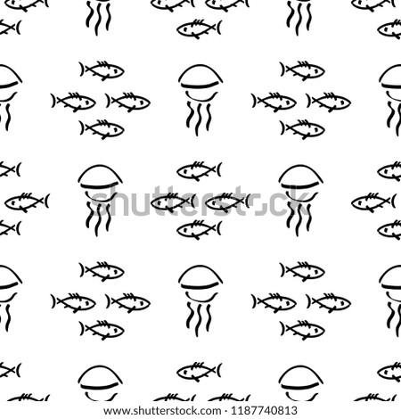 Flat monochrome vector seamless sea fish sketch pattern. Fabric textile summer pattern. Cute doodle pattern with underwater sea creatures. Vector illustration naive element for design and wallpaper.
