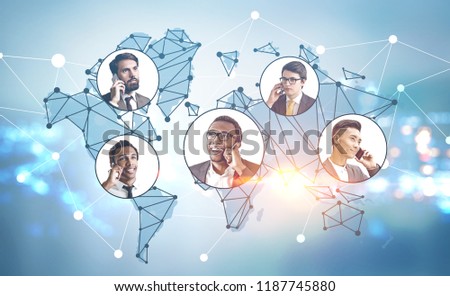 Asian, African, South and North American and European businessmen on phones over world map and night city background. Toned image double exposure Elements of this image furnished by NASA