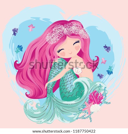 Little cute mermaid with fishes and seashells, vector illustration, lovely mermaid graphic for kids prints, t shirts, wallpapers, birthday cards, postcards, children products, girls swimsuits.
