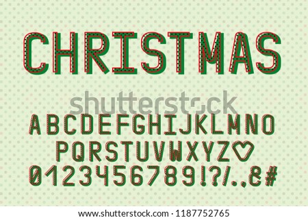 Alphabet retro design. Christmas color style. English letters, numbers, punctuation marks. Monospaced font vector typography. EPS 10