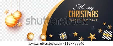 Top view of Merry Christmas and Happy New Year website banner design with gift boxes and stars and space for your product image. Royalty-Free Stock Photo #1187755540