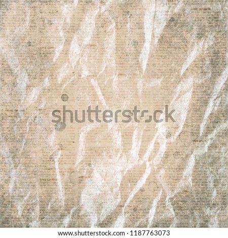 Old crumpled stained grunge recycled square newspaper paper texture background. Blurred vintage newspaper background. Crumpled paper textured page. Gray sepia news collage.