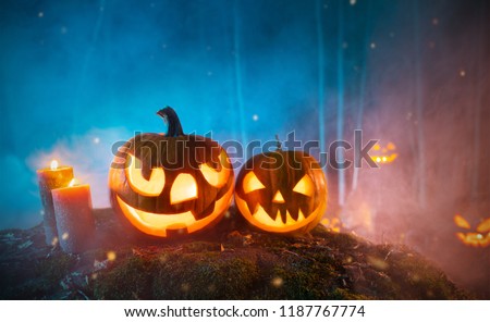 Spooky halloween pumpkins in forest. Scary halloween background with free space for text.