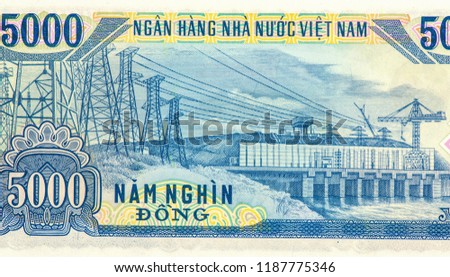 Tri An Hydroelectric Power Plant. Portrait from Viet Nam 5000 Dong 1991 Banknotes. 