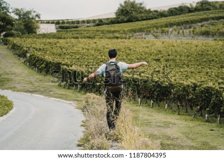 
Young and adventurous man hitchhiking on a side road of France surrounded by vineyards on a cloudy day. Travel photography. Lifestyle