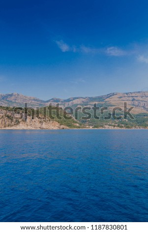 Background for design, Seascape, blue sea and mountains