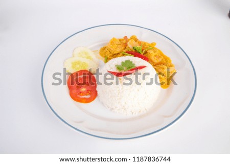 Stir fried shrimps with curry powder and eggs with rice