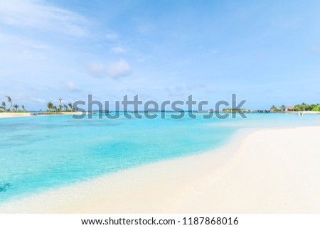 Amazing island in the Maldives ,Beautiful turquoise waters and white sandy beach with  blue sky  background for holiday vacation .