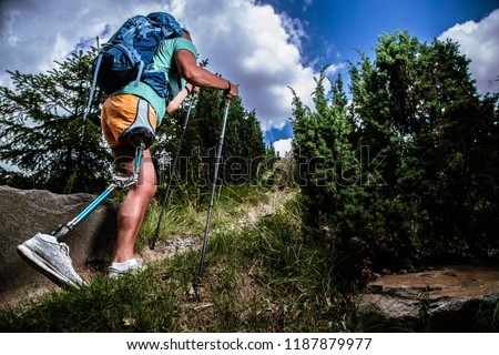 Low angle of a determined male tourist walking up the hill while using Nordic walking sticks Royalty-Free Stock Photo #1187879977