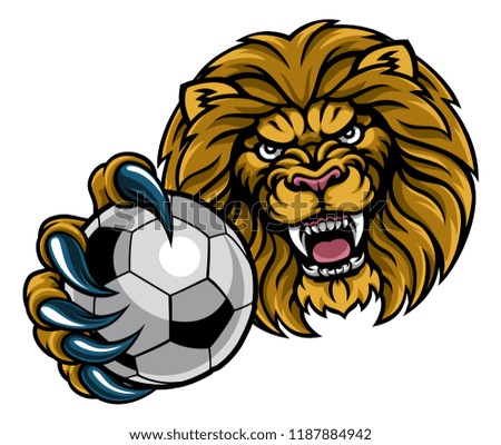 A lion angry animal sports mascot holding a soccer football ball