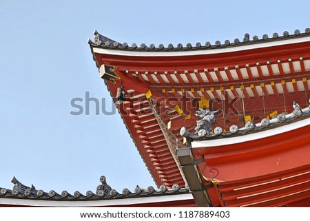 The architectural details of traditional Roof of a temple in Japan, Wood roof structure. This image was blurred or selective focus.