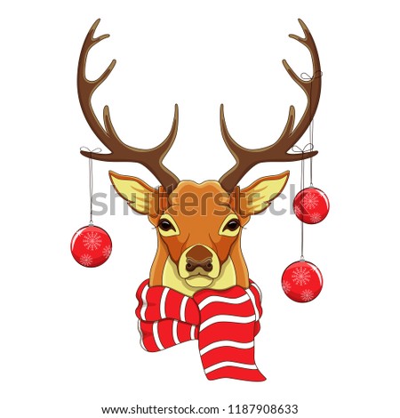 Portrait deer head in scarf and Christmas toys. Sketch cheracter. Vector