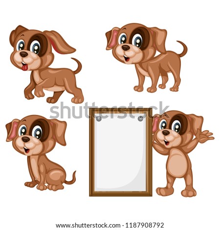 Vector Illustration of a Happy Dog Set. Cute Cartoon Puppies in Different Poses Isolated on a White Background. Happy Animals Set. Little Dog Holding a Banner, Cheering, Running, Sitting