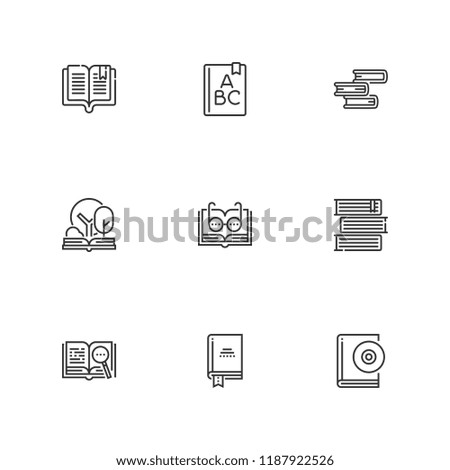 Collection of 9 dictionary outline icons include icons such as abc, book, books, open book