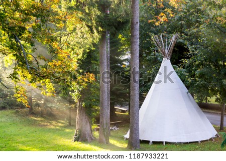 The wigwam in the forest at dawn Royalty-Free Stock Photo #1187933221