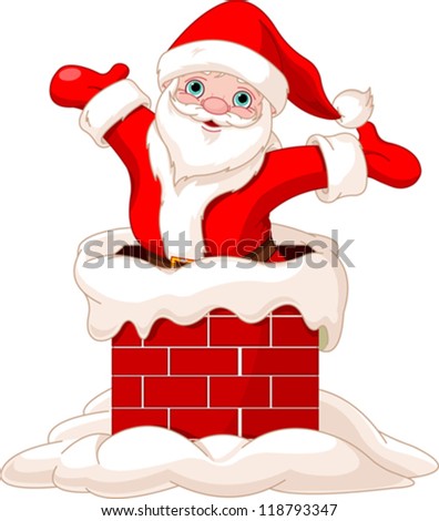 Happy Santa Claus jumping from chimney