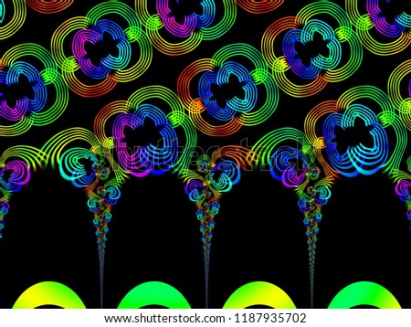 A hand drawing pattern made of blue green yellow orange fuchsia and purple on a black background.