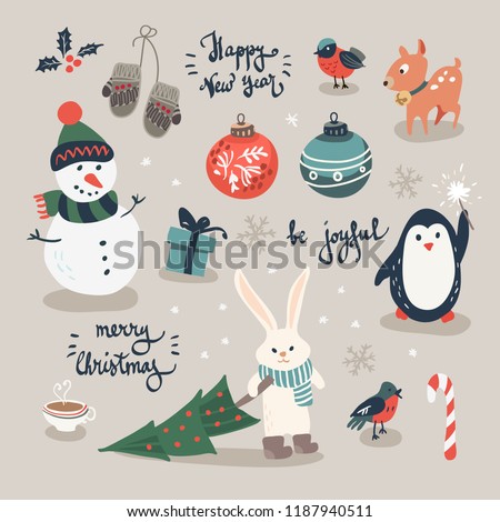 Christmas cards with cute trees, mittens, snowflakes and christmas toys, penguin, christmas crackers and forest animals in cartoon style Royalty-Free Stock Photo #1187940511
