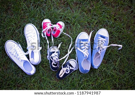 Four different colors pair of sneakers, shoes for the whole family lying on the grass