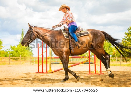 Taking care of animals, horsemanship, western competitions concept. Cowgirl in cowboy hat doing horse jumping through hurdle on sunny day