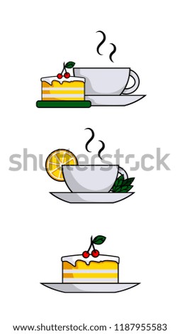 set: cup of tea with cake, lemon and mint