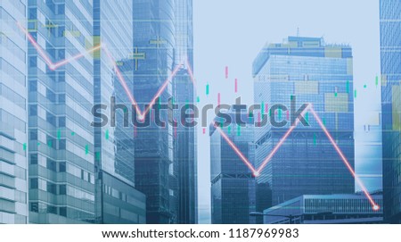 Hong Kong Office buildings with graph index (red bear chart) of stock Market