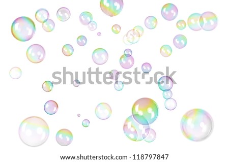 photo of soap bubbles with rainbow gradient on white