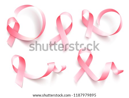 Big set of realistic pink ribbon isolated over transparent background. Symbol of breast cancer awareness month in october. Template for poster. Vector illustration. Royalty-Free Stock Photo #1187979895
