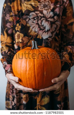 Representing Organic Pumpkin. Autumn concept. woman holding a big pumpkin