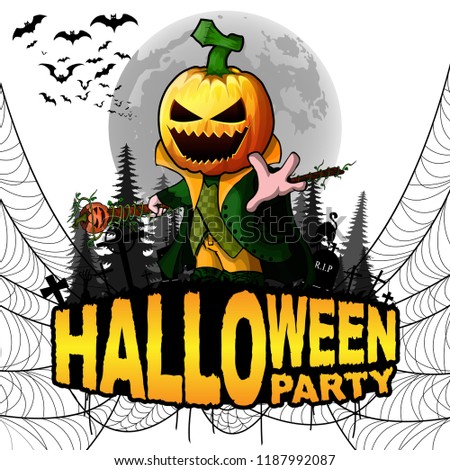 Halloween Party Poster with Pumpkin Cartoon Character on a white isolated background. Vector illustration.