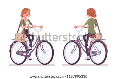 Young red-haired woman riding a bicycle. Caucasian attractive girl with ginger hairstyle, wearing urban jacket at two-wheeled vehicle. Vector flat style cartoon illustration, front and rear view