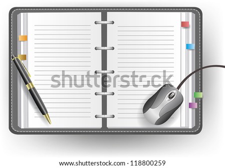Office diary notebook notepad organizer with line and a ballpoint pen and computer mouse, create by vector