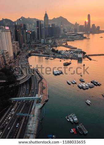  Aerial bird eye view Photography viewpoint urban landscape sunset traffic at Victoria harbour in Hong Kong