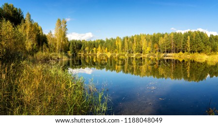 autumn landscape on the lake with birch forest on the shore, Russia, Ural, September