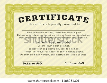 Yellow Sample certificate or diploma. With background. Customizable, Easy to edit and change colors. Modern design. 