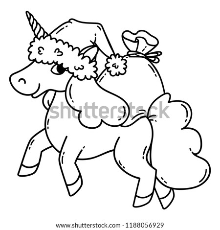 Christmas unicorn with a santa hat and a bag of gifts. Cute doodle art of magic creature. Black and white vector illustration for coloring book. Vector illustration isolated on white background. Royalty-Free Stock Photo #1188056929