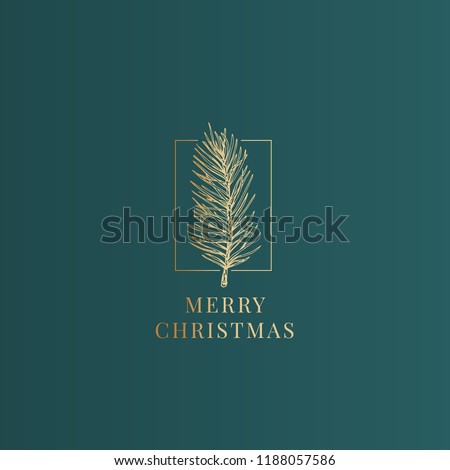 Merry Christmas Abstract Vector Classy Label, Sign or Card Template. Hand Drawn Golden Fir-Needle Branch Sketch Illustration with Vintage Typography. Premium Green Background.