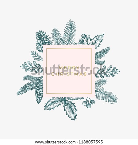 Merry christmas Abstract Green Foliage Card with Square Frame Banner and Modern Golden Typography. Pink Pastel Colors Greeting Layout. Isolated.