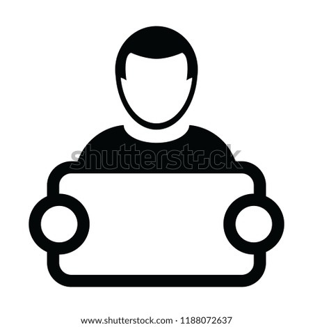 Banner icon vector male person profile avatar symbol with signboard for advertising campaign in glyph pictogram illustration