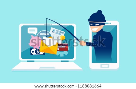 Login into account in email envelope and fishing for private financial account information. Vector concept of phishing scam, hacker attack and web security  Royalty-Free Stock Photo #1188081664
