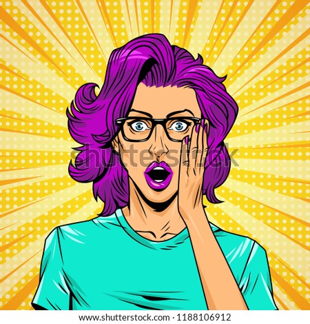 Comic surprised young woman concept with eyeglasses and blonde hair halftone radial rays effects vector illustration