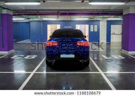 Blue car on the underground parking